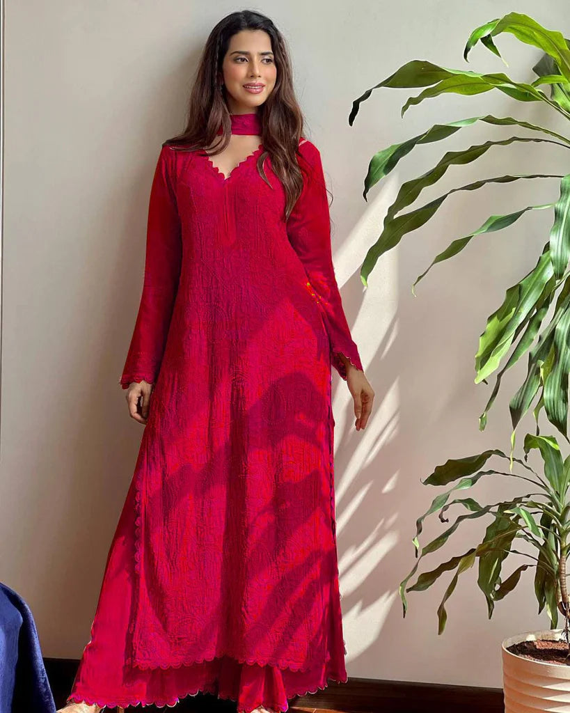 Red Georgette Chikankari Embroidery Kurta With Pant & Dupatta | For Women