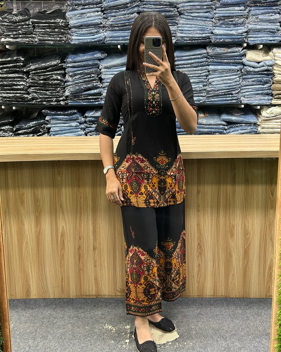 Printed Black Asymmetric Top With Palazzo Set