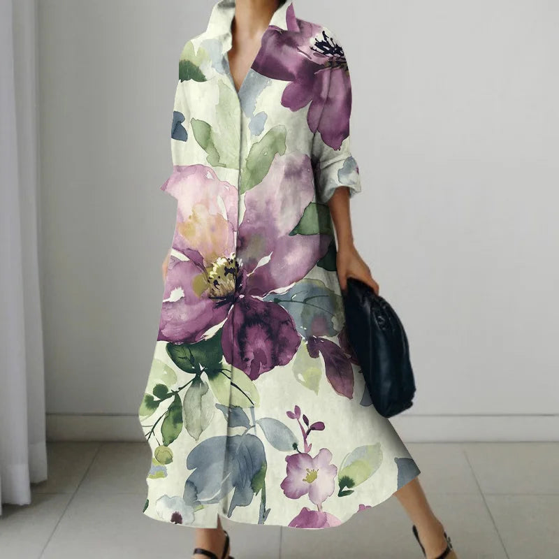 White Linen Blend Vintage Printed Long Dress