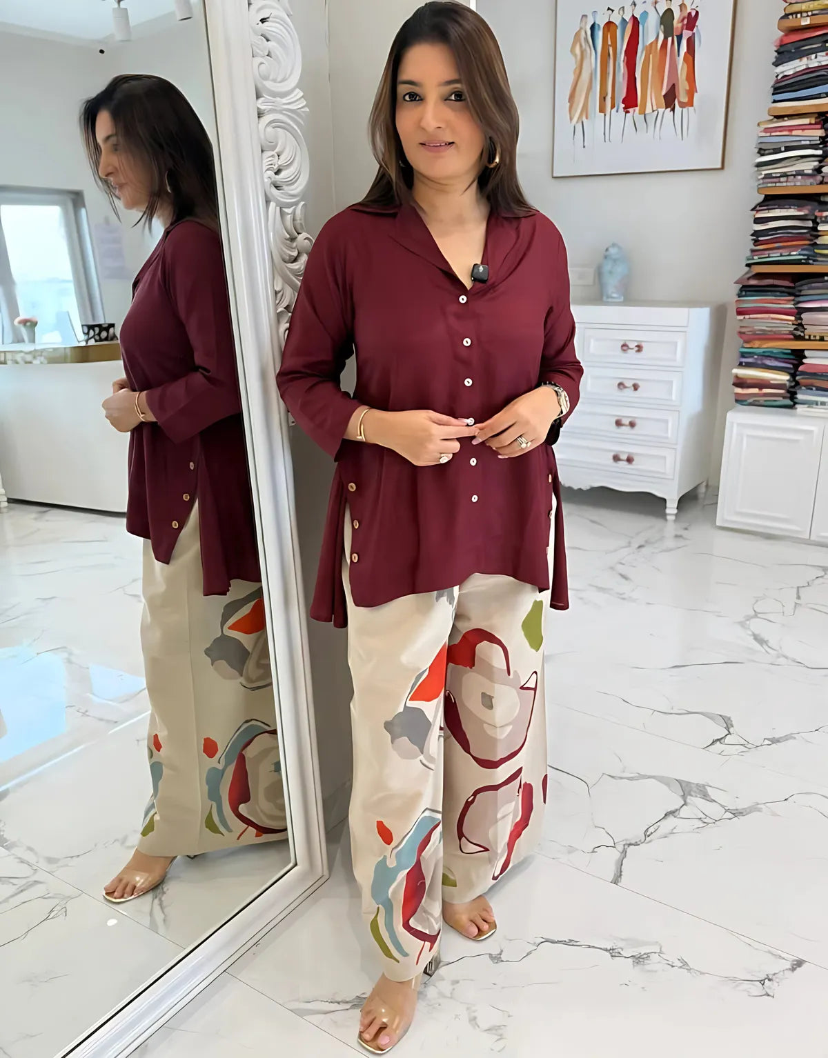 Priyas burgandy Top with Printed stylish pants