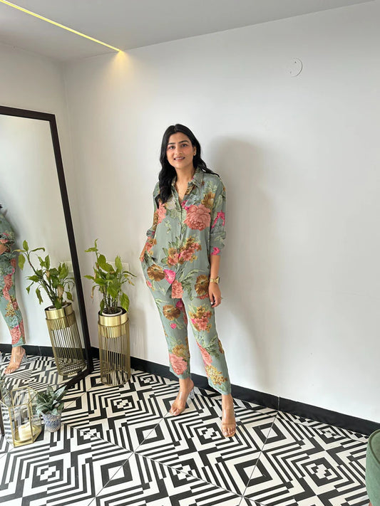 Green Floral Crepe Cord Set