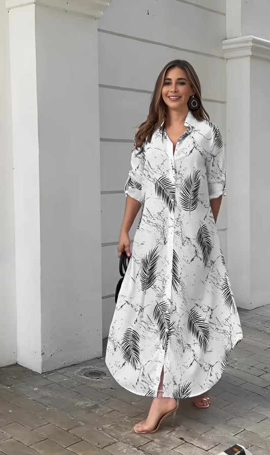 Leaf Printed Shirt Style Maxi Dress