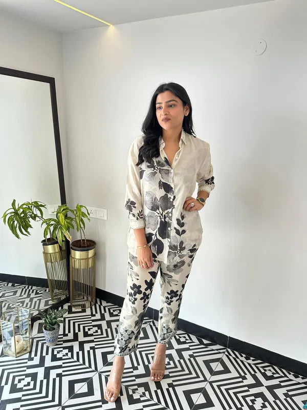 Black Leaf Crepe Co-ord Set – Two-Piece Outfit for Women