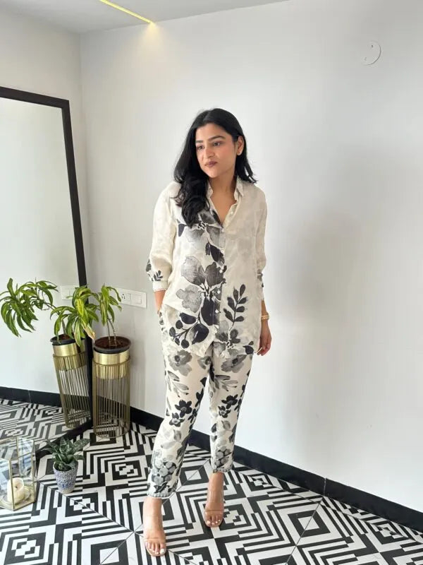 Black Leaf Crepe Co-ord Set – Two-Piece Outfit for Women