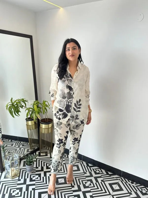 Black Leaf Crepe Co-ord Set – Two-Piece Outfit for Women