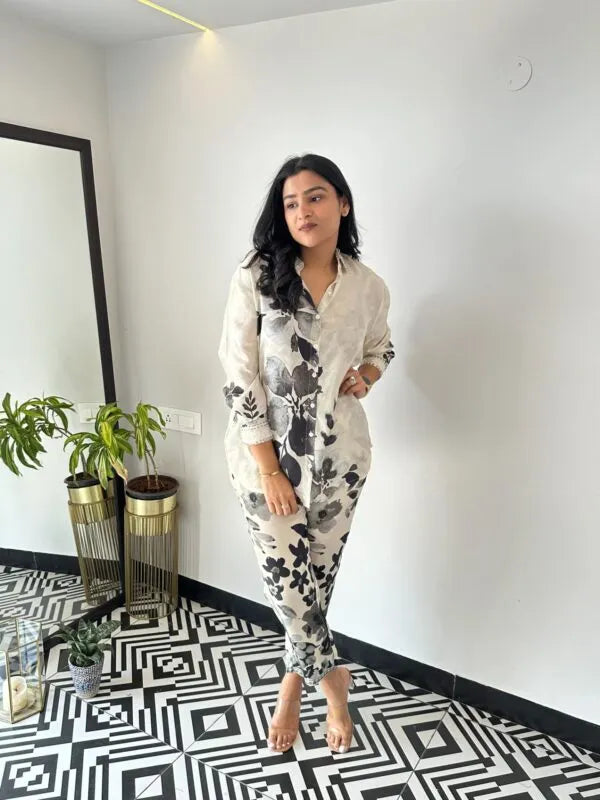 Black Leaf Crepe Co-ord Set – Two-Piece Outfit for Women