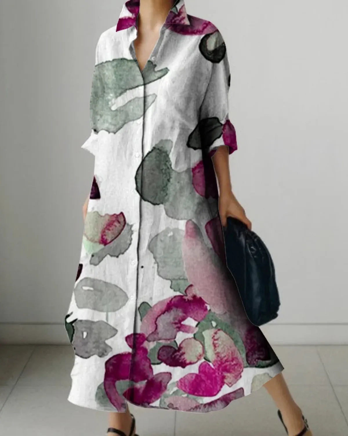 Multicolor Linen Blend Vintage Printed Long Dress