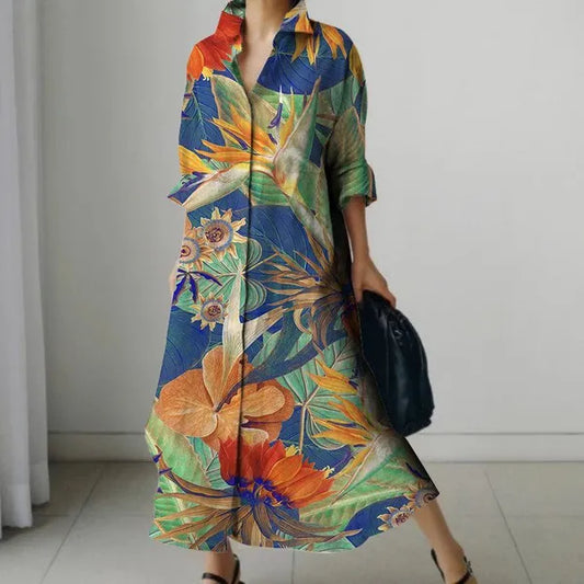 Multicolor Linen Blend Vintage Printed Long Dress