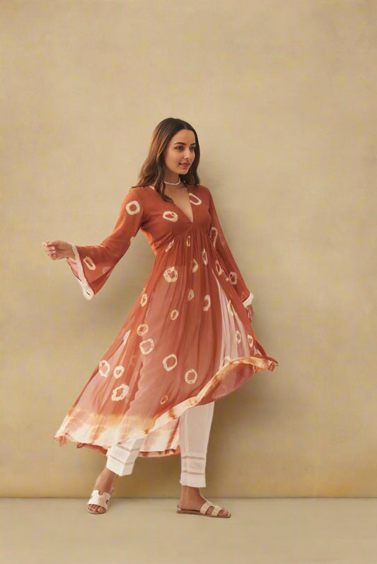 Rust Pearl Tan Georgette Kurta for Women