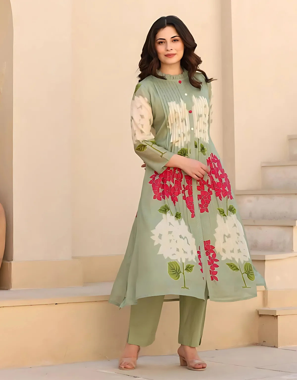 Sage  Green Floral Printed Cotton Kurta Set