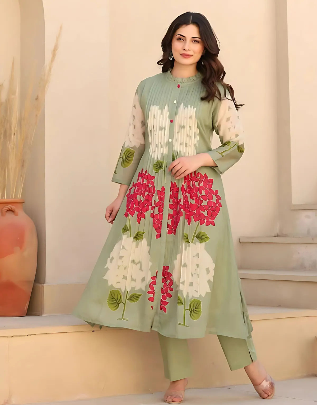 Sage  Green Floral Printed Cotton Kurta Set