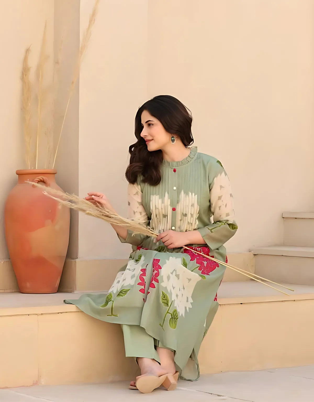 Sage  Green Floral Printed Cotton Kurta Set