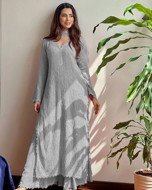 Gray  Georgette Chikankari Embroidery Kurta With Pant & Dupatta | For Women