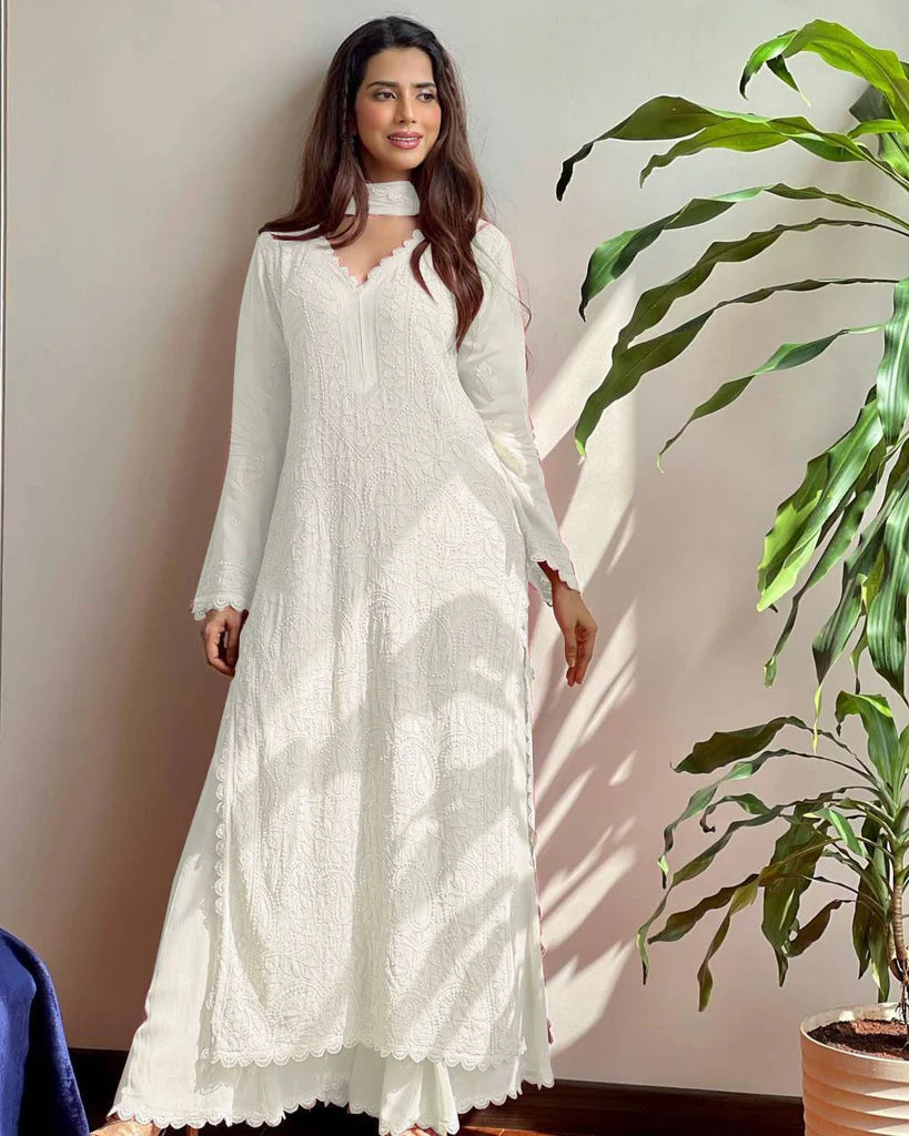 White Georgette Chikankari Embroidery Kurta With Pant & Dupatta | For Women