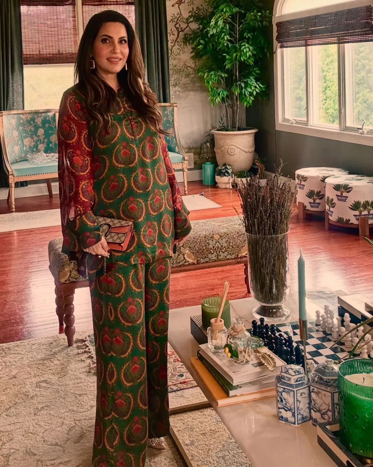 Luxury Ethnic Art Print Top With Flowy Pants