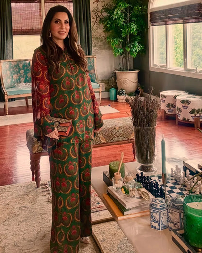 Luxury Ethnic Art Print Top With Flowy Pants