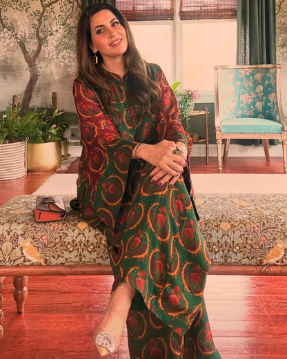 Luxury Ethnic Art Print Top With Flowy Pants