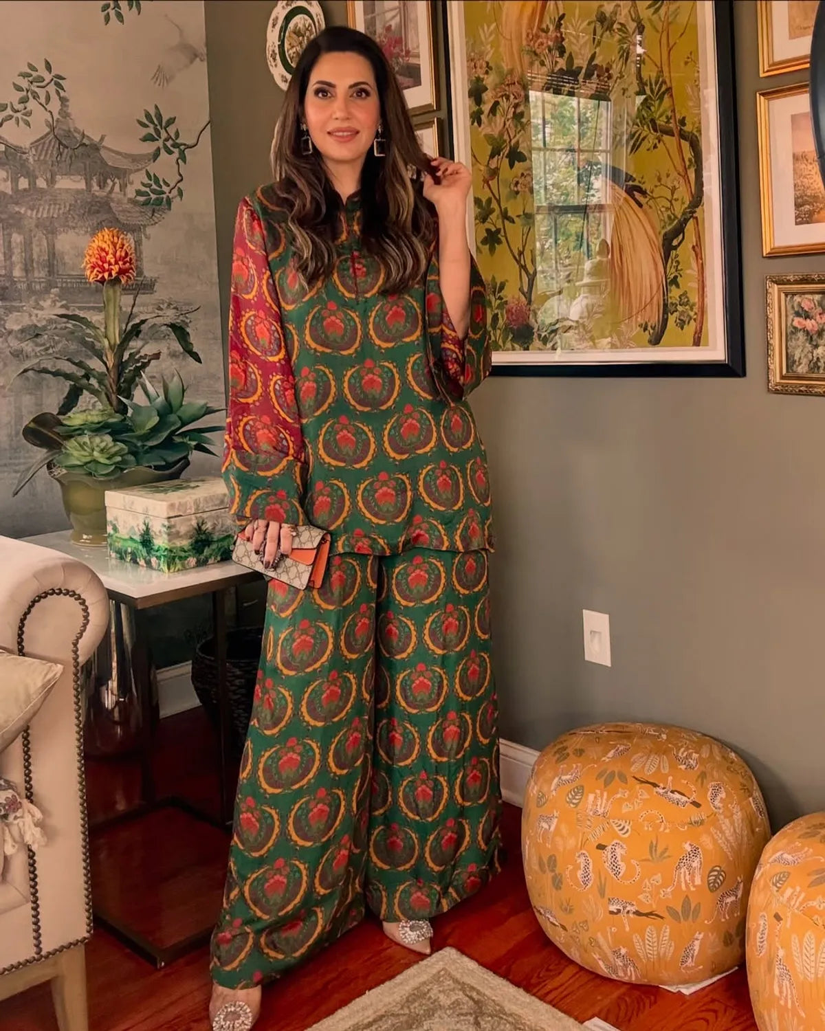 Luxury Ethnic Art Print Top With Flowy Pants