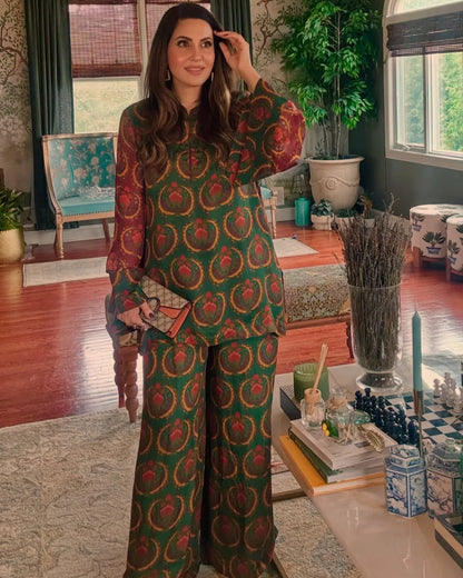 Luxury Ethnic Art Print Top With Flowy Pants
