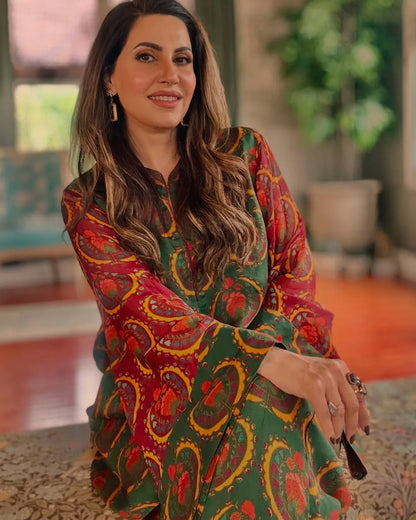 Luxury Ethnic Art Print Top With Flowy Pants