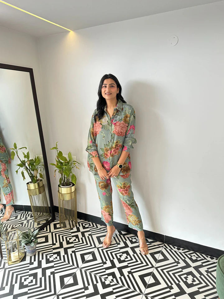 Green Floral Crepe Cord Set