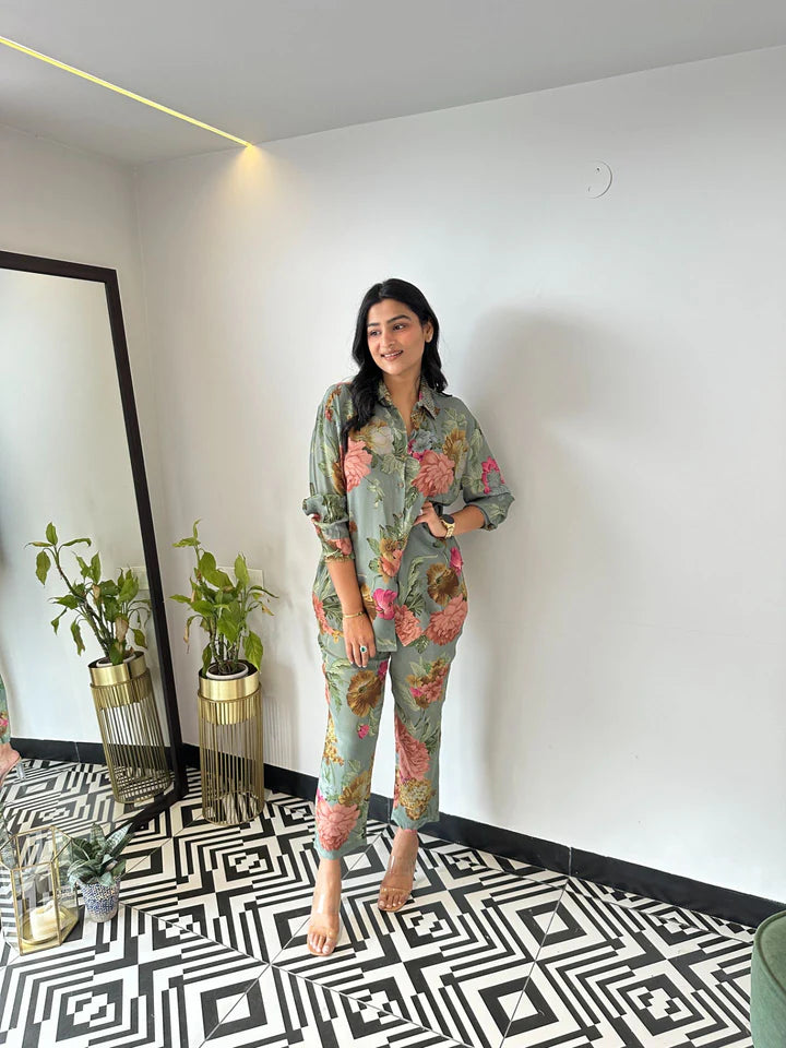 Green Floral Crepe Cord Set