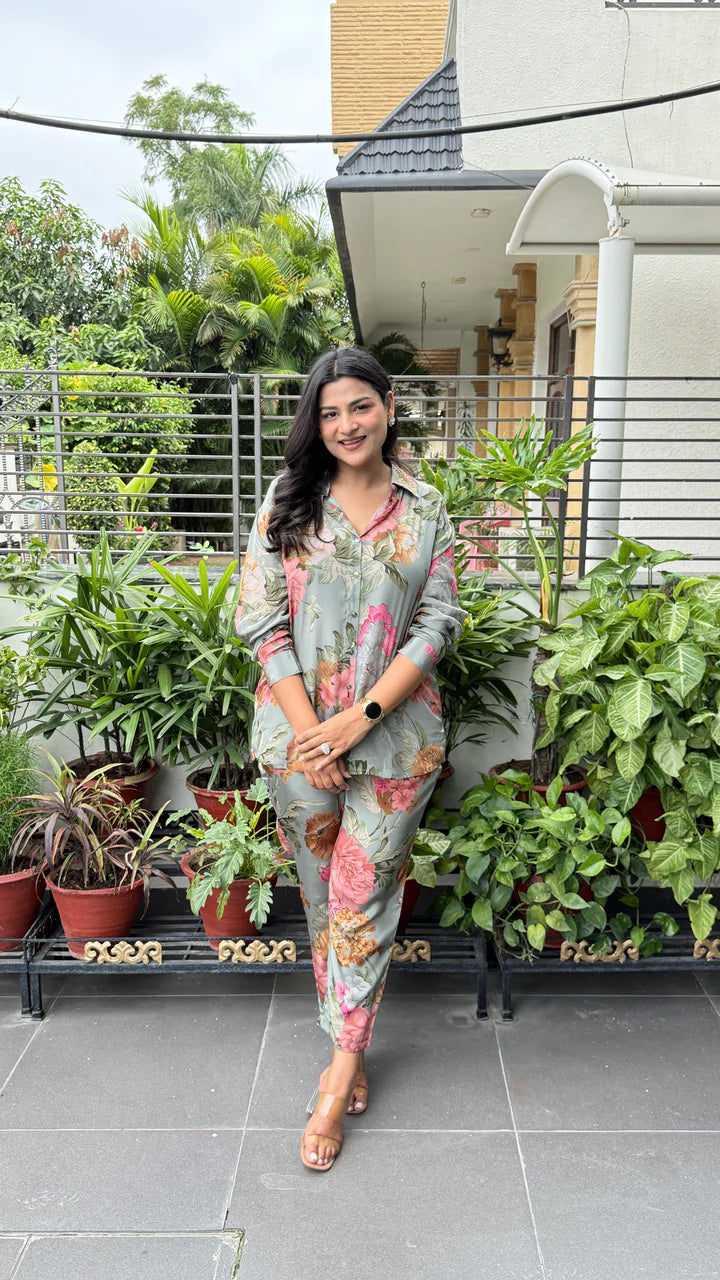 Green Floral Crepe Cord Set