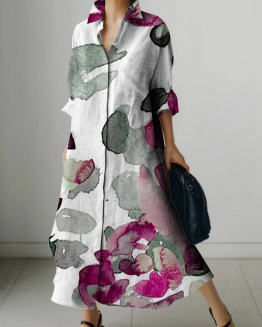 Multicolor Linen Blend Vintage Printed Long Dress