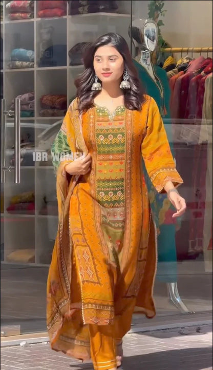 Niwaj yellow muslin suit set for women