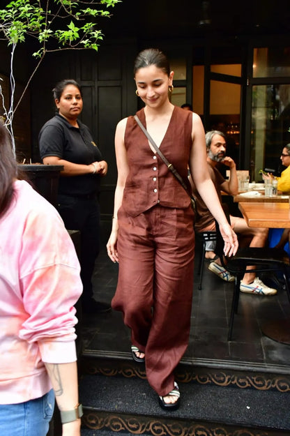 Alia Bhat Muse Chocolate Co-Linen Vest Coat & Trousers