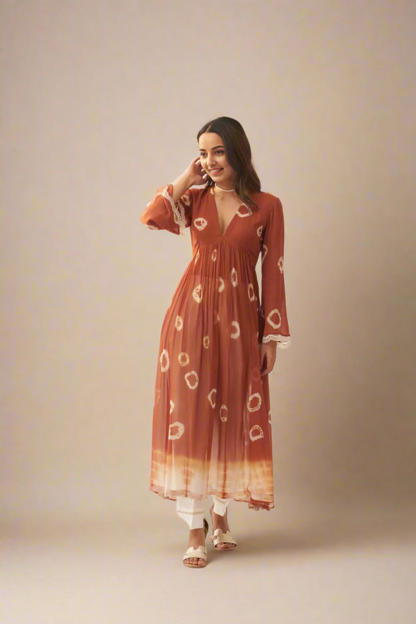 Rust Pearl Tan Georgette Kurta for Women
