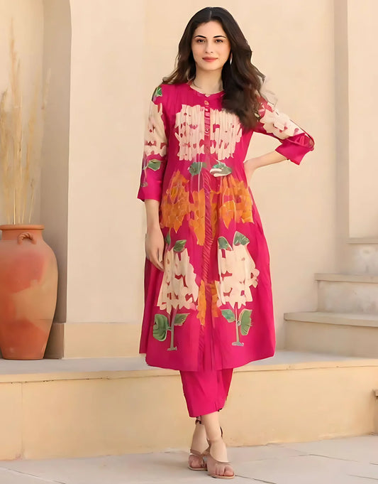 Pink Floral Printed Cotton Kurta Set