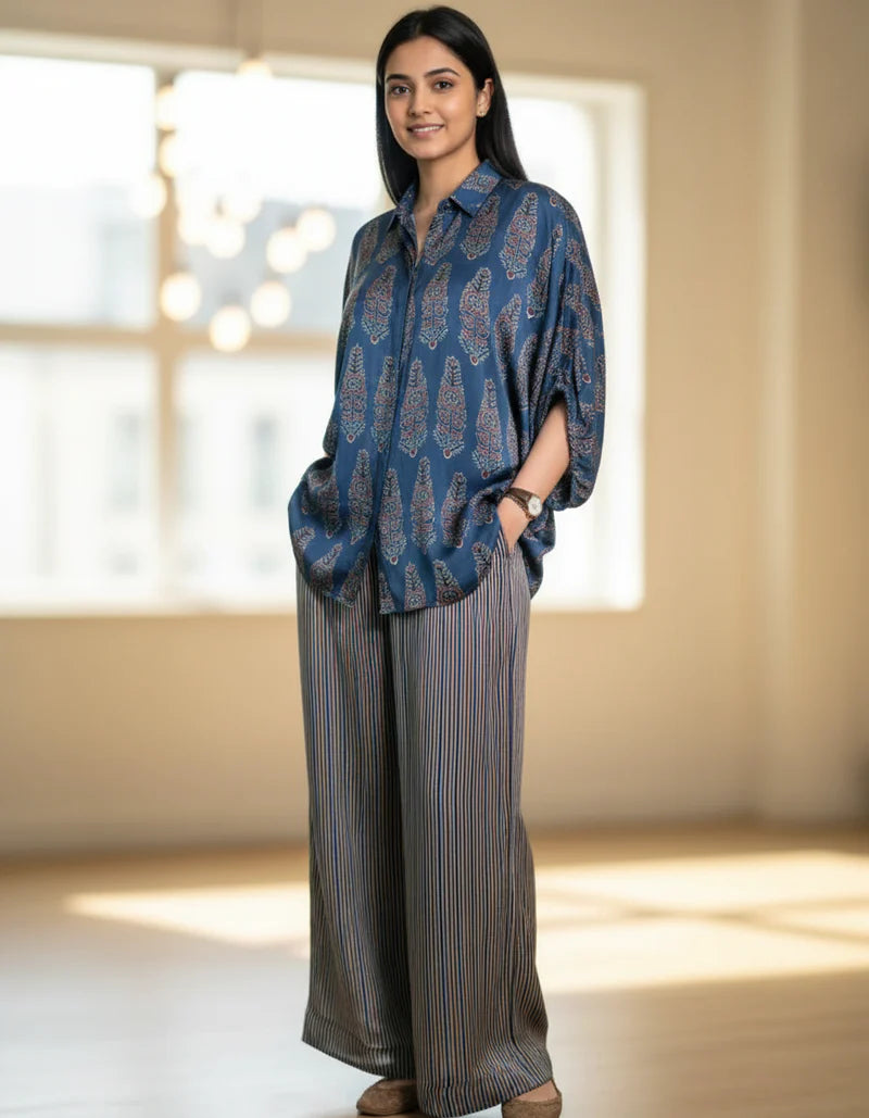 Blue Ajrakh Print shirt cord-set for women