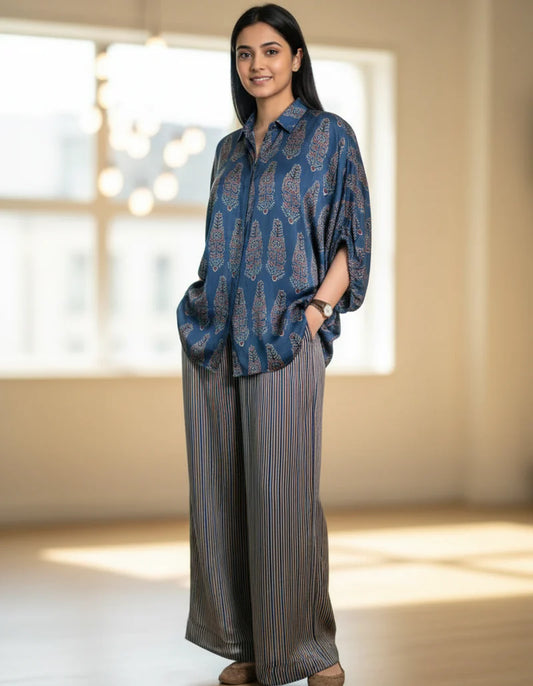 Blue Ajrakh Print shirt cord-set for women